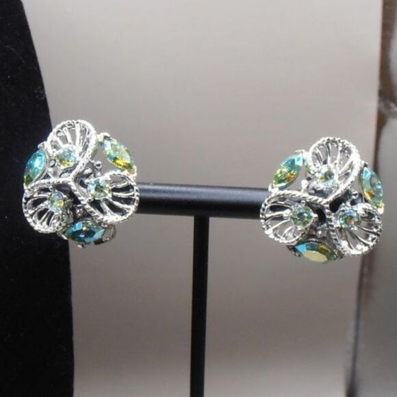 VTG DODDS AB Rhinestone Necklace & Clip-On Earring Set Filigree Silver Tone 16” - Picture 4 of 5